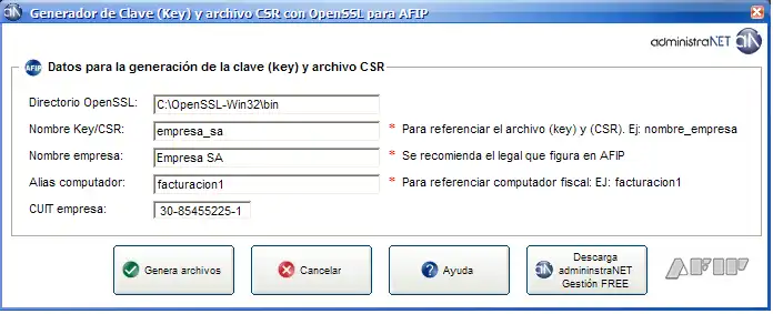 Web ツールまたは Web アプリの Generador Key をダウンロード - CSR - OpenSSL - AFIP