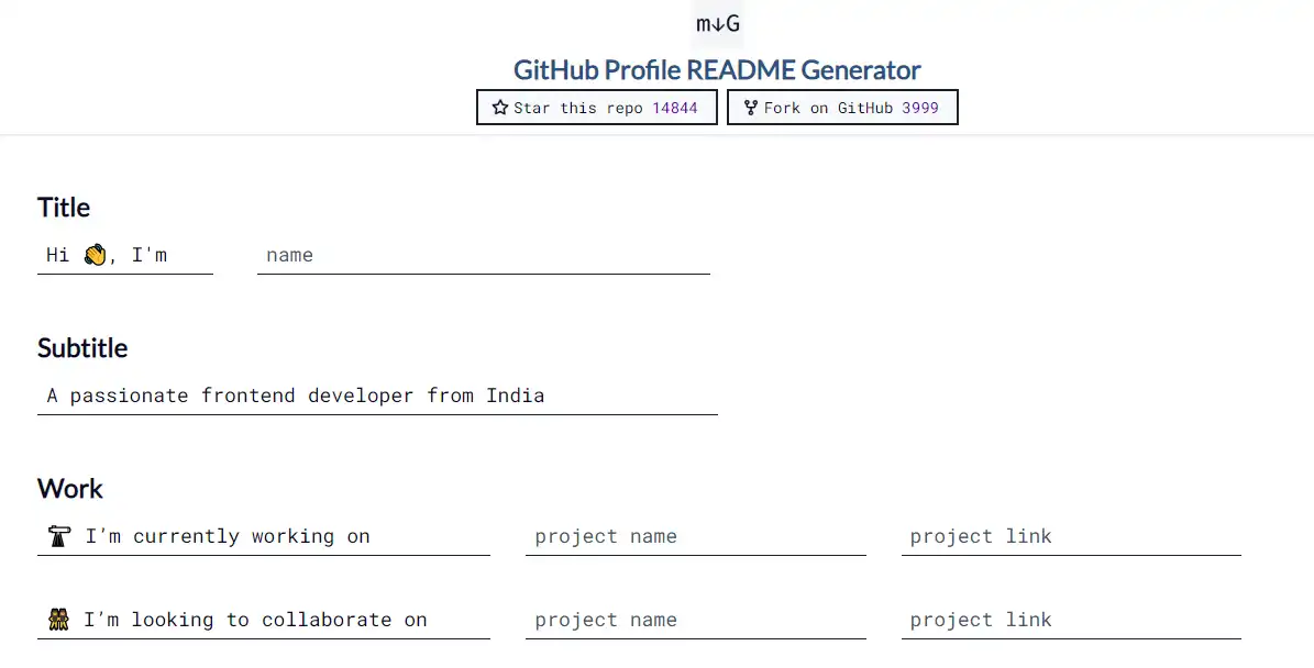 הורד כלי אינטרנט או אפליקציית אינטרנט GitHub Profile README Generator