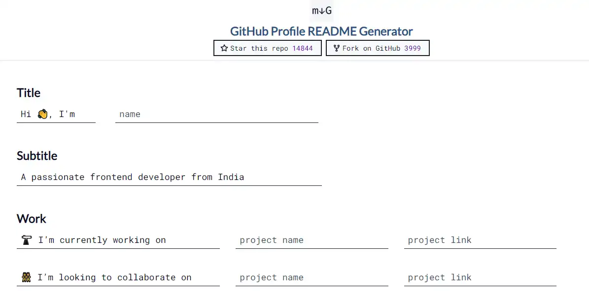 വെബ് ടൂൾ അല്ലെങ്കിൽ വെബ് ആപ്പ് GitHub പ്രൊഫൈൽ README ജനറേറ്റർ ഡൗൺലോഡ് ചെയ്യുക