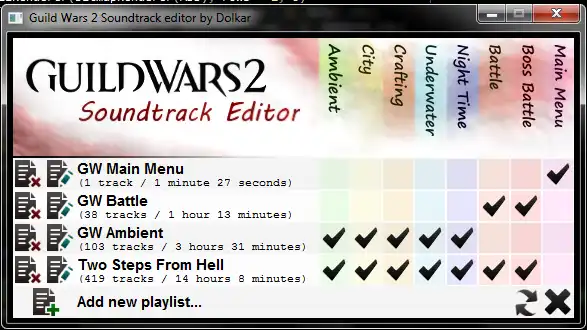 Pobierz narzędzie internetowe lub aplikację internetową GW2 Soundtrack Editor, aby działać w systemie Windows online za pośrednictwem systemu Linux online