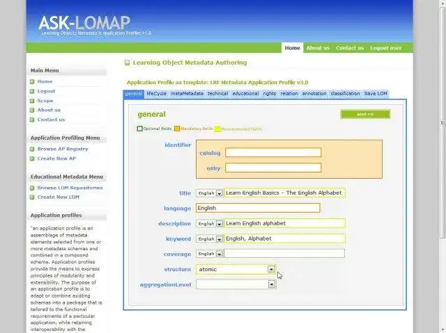 Descargue la herramienta web o la aplicación web IEEE LOM Application Profiling Tool