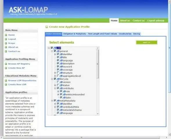 Descargue la herramienta web o la aplicación web IEEE LOM Application Profiling Tool