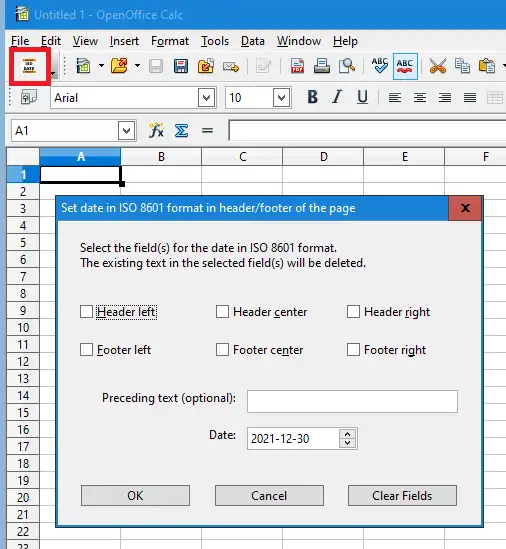 Muat turun alat web atau aplikasi web pengaki pengepala tarikh ISO OpenOffice Calc