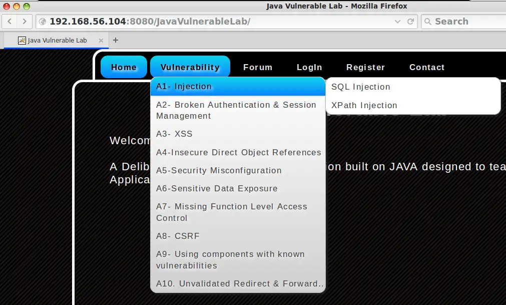 Завантажте веб-інструмент або веб-програму Java Vulnerable Lab - Pentesting Lab