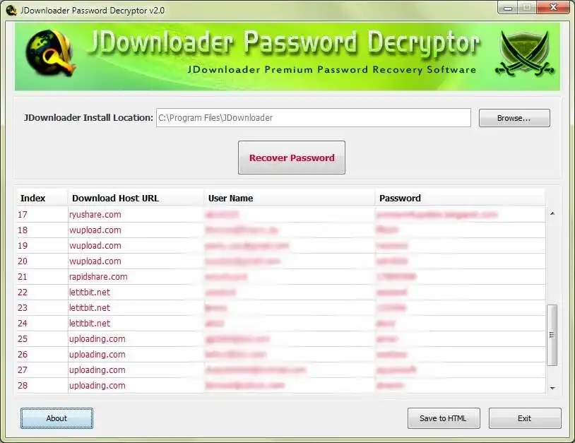 Descargue la herramienta web o la aplicación web JDownloader Password Decryptor Portable