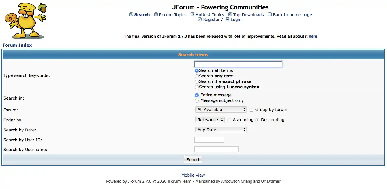 Загрузите веб-инструмент или веб-приложение JForum2