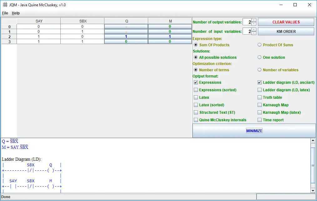 ดาวน์โหลดเครื่องมือเว็บหรือเว็บแอป JQM Java Quine McCluskey เพื่อทำงานใน Linux ออนไลน์