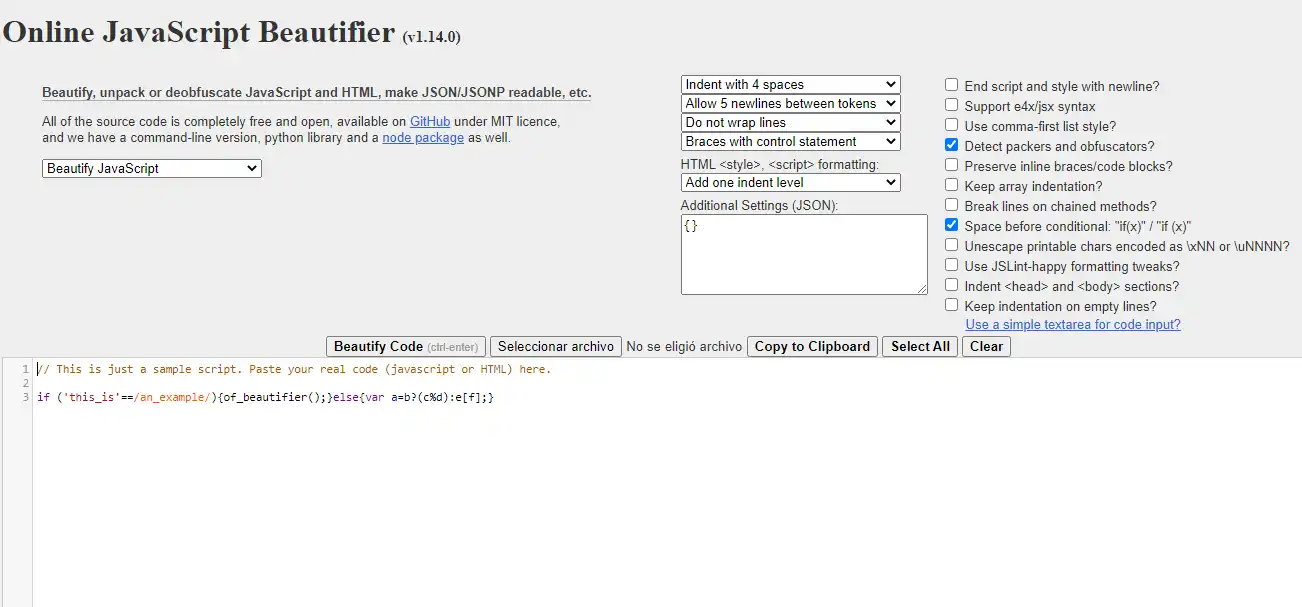 Mag-download ng web tool o web app na JS Beautifier