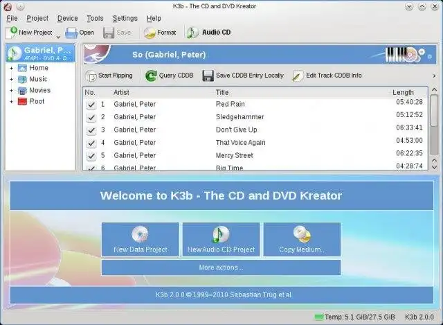 Unduh alat web atau aplikasi web K3b - Pencipta CD untuk KDE