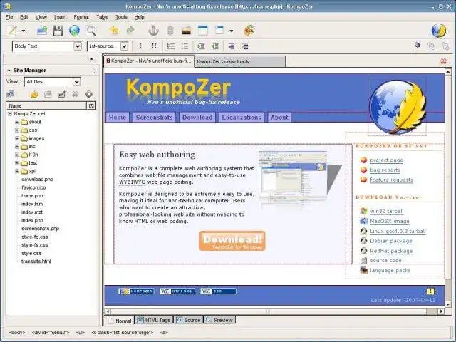 قم بتنزيل أداة الويب أو تطبيق الويب KompoZer