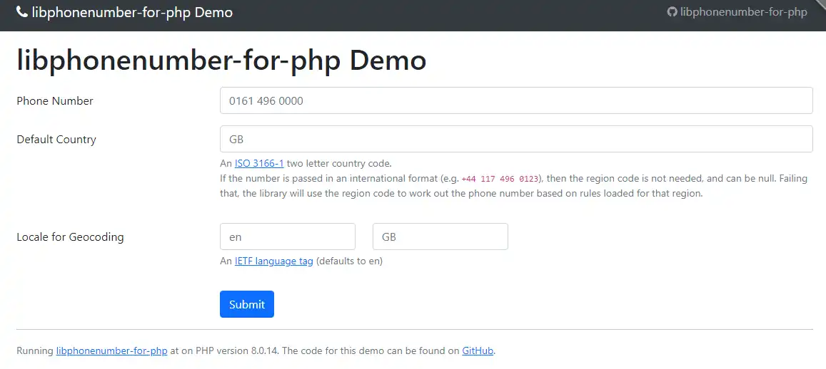 Descargue la herramienta web o la aplicación web libphonenumber para PHP