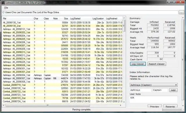 ดาวน์โหลดเครื่องมือเว็บหรือเว็บแอป Lotro Log Analyzer เพื่อทำงานใน Windows ออนไลน์ผ่าน Linux ออนไลน์