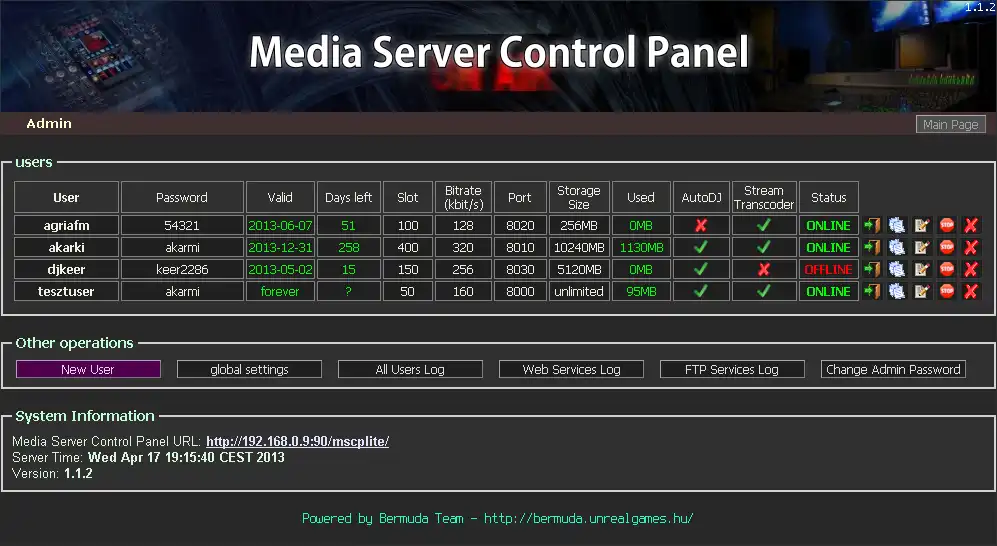 Download web tool or web app Media Server Control Panel