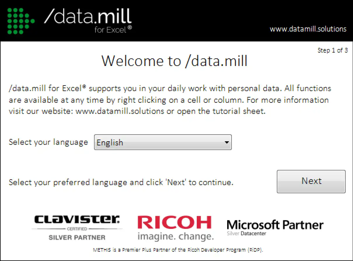 Download web tool or web app METHIS /data.mill for Excel®
