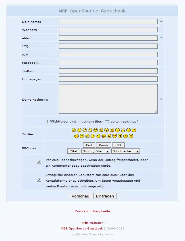 Загрузите веб-инструмент или веб-приложение MGB OpenSource Guestbook