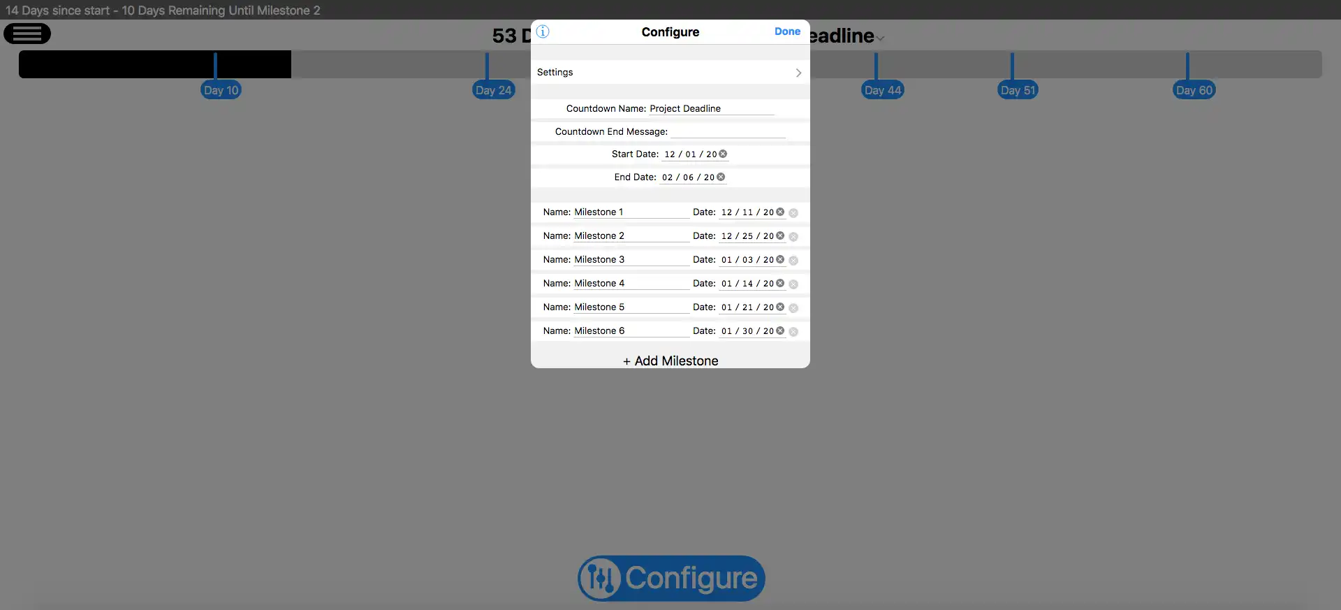 Télécharger l'outil Web ou l'application Web Jalons - Compte à rebours du jour