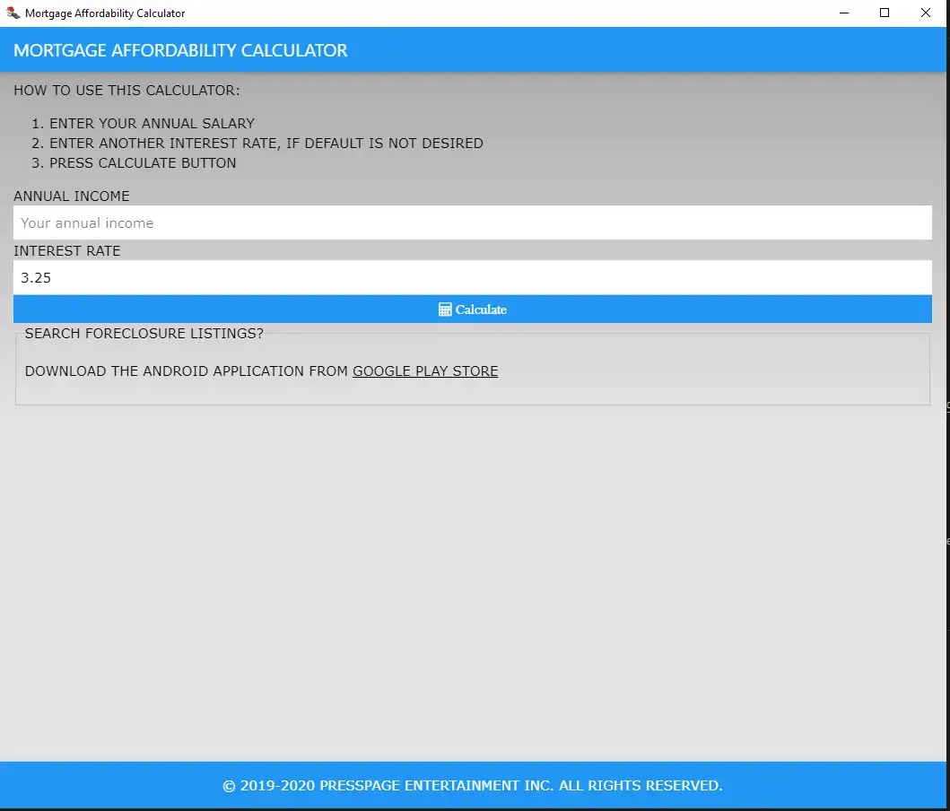 Download web tool or web app Mortgage Affordability Calculator