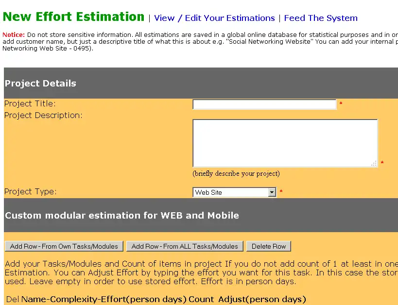 Загрузите веб-инструмент или веб-приложение Orange Effort Estimation Tool