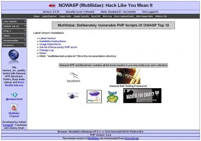 Загрузите веб-инструмент или веб-приложение OWASP Mutillidae II