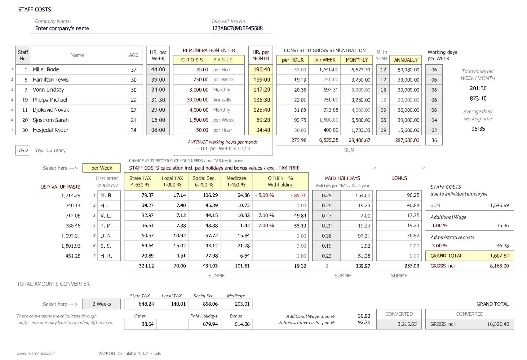 Download web tool or web app PAYROLL Calculator + STAFF COSTS