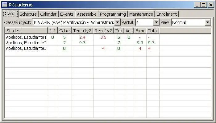 Download web tool or web app PCuaderno, teacher grade book.