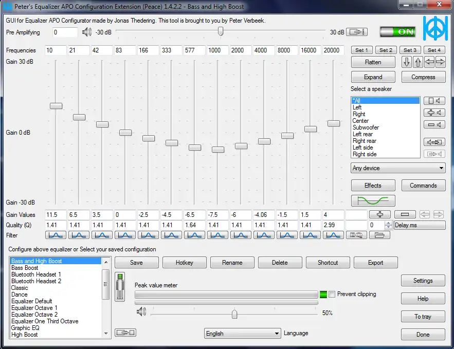 Descargue la herramienta web o la aplicación web Peace Equalizer, interfaz Equalizer APO