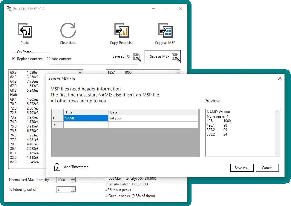 Download web tool or web app Peak List 2 MSP