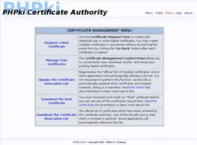 Télécharger l'outil Web ou l'application Web PHPki Digital Certificate Authority