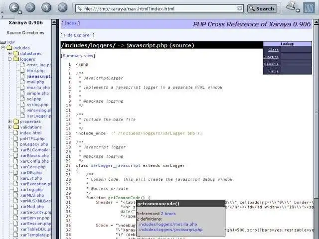 Загрузите веб-инструмент или веб-приложение PHPXref