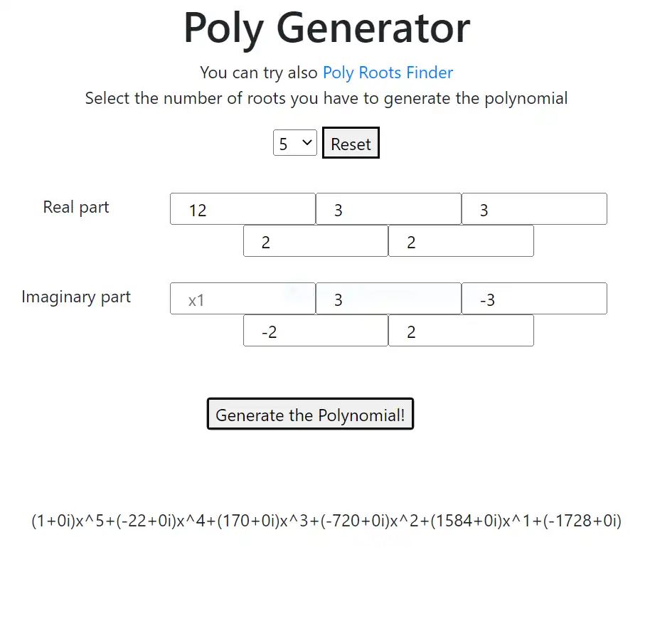 Загрузите веб-инструмент или веб-приложение Poly Roots Finder