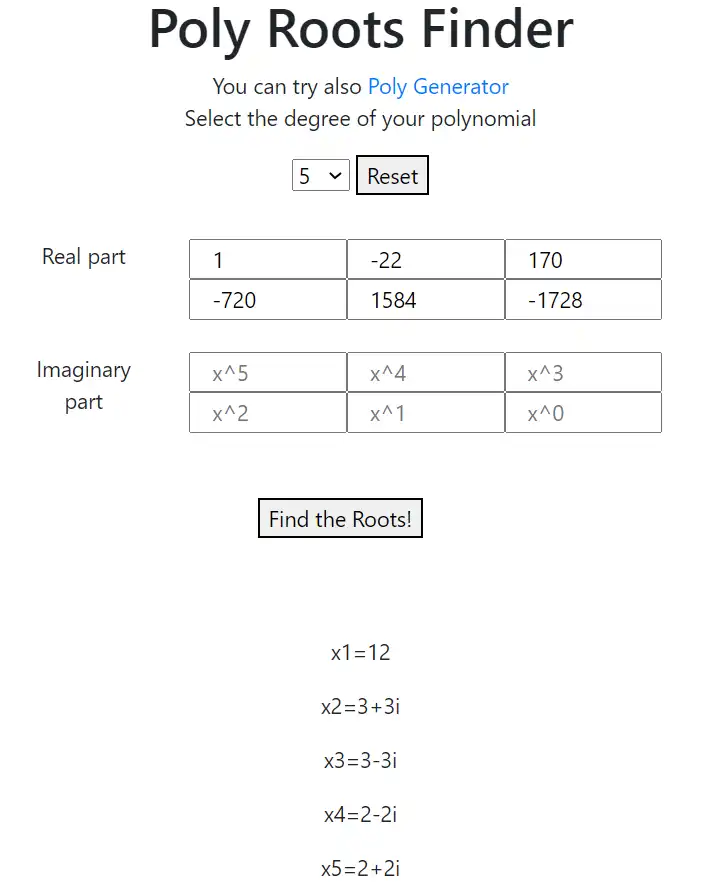 Загрузите веб-инструмент или веб-приложение Poly Roots Finder