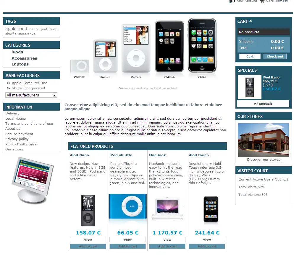 웹 도구 또는 웹 앱 다운로드 PrestaShop 템플릿: 전자제품(파란색)