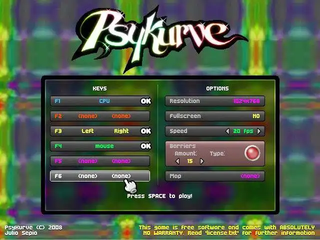 Scarica lo strumento web o l'app web PsyKurve: un remake psichedelico di Zatacka da eseguire su Windows online su Linux online