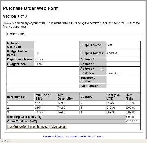 Загрузите веб-инструмент или веб-приложение Веб-форму заказа на покупку