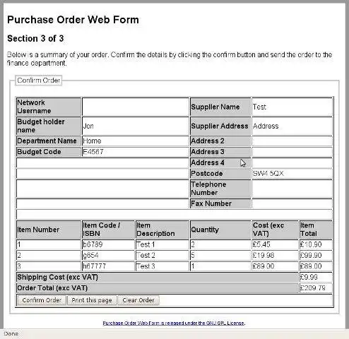 Mag-download ng web tool o web app Purchase Order Web Form