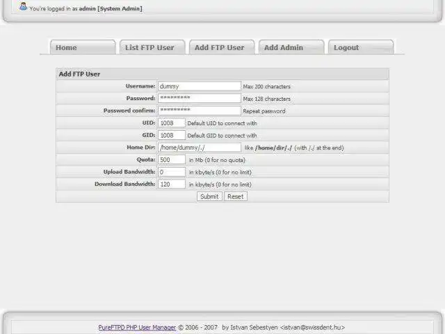 Download web tool or web app PureFTPD PHP User Manager