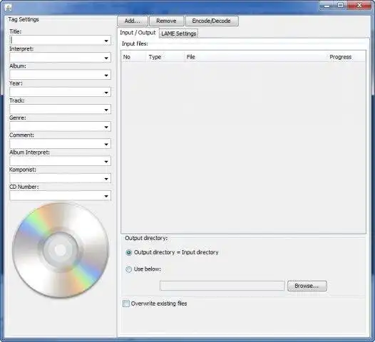 הורד כלי אינטרנט או אפליקציית אינטרנט Pure Java MP3 Encoder