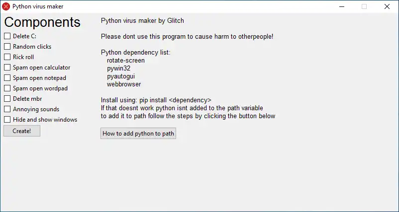 Download web tool or web app Python virus creator
