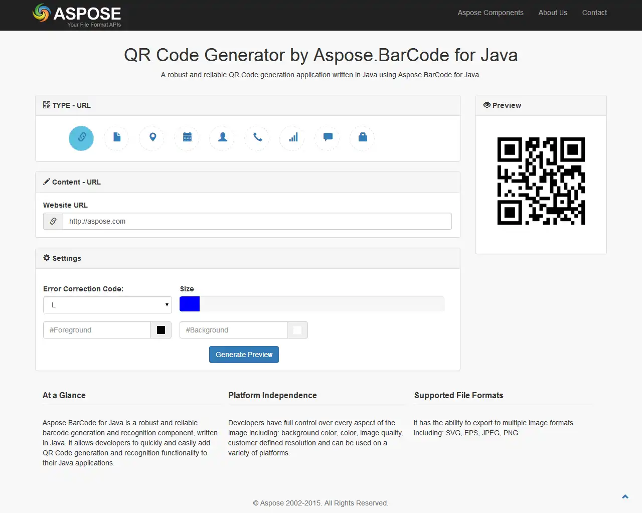 Unduh alat web atau aplikasi web QR Code Generator oleh Aspose.BarCode