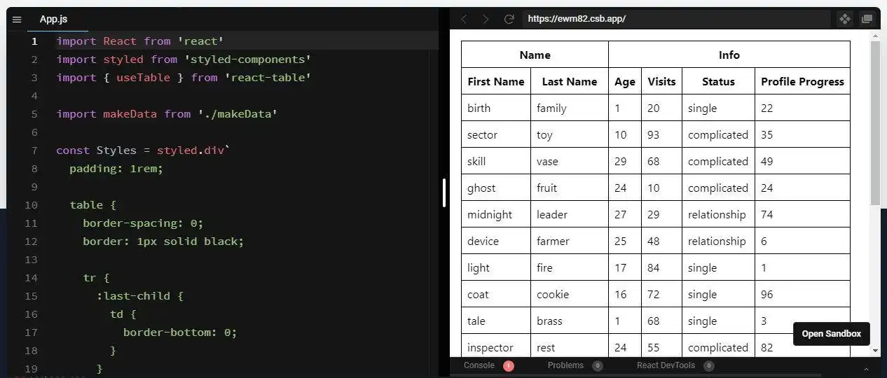 Web aracını veya web uygulamasını indirin React Table