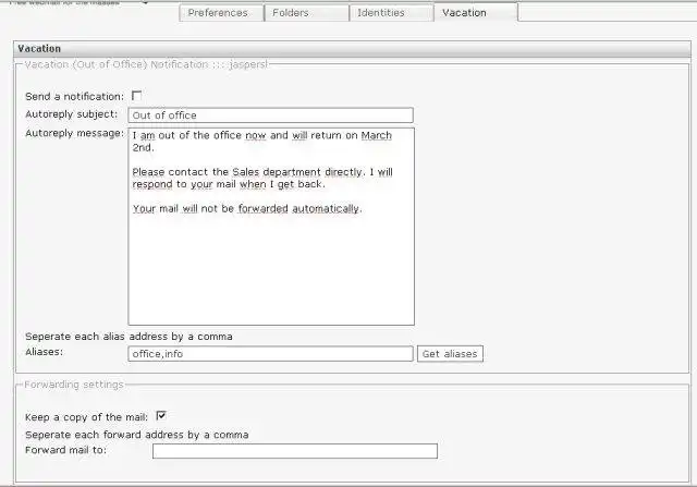 Download web tool or web app Roundcube Vacation / Autoreply plugin
