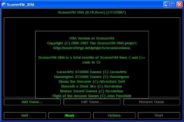 Descargue la herramienta web o la aplicación web ScummVM-XNA para ejecutar en Windows en línea sobre Linux en línea
