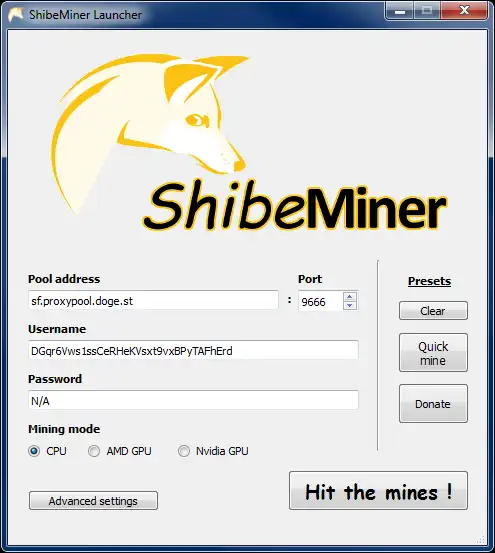 Загрузите веб-инструмент или веб-приложение ShibeMiner