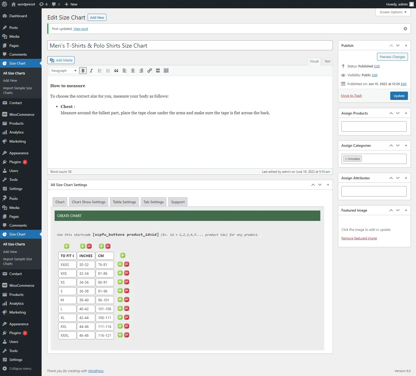 Descargue una herramienta web o una aplicación web Producto de tabla de tallas para WooCommerce