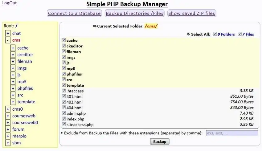 Загрузите веб-инструмент или веб-приложение sPBM - Simple PHP Backup Manager