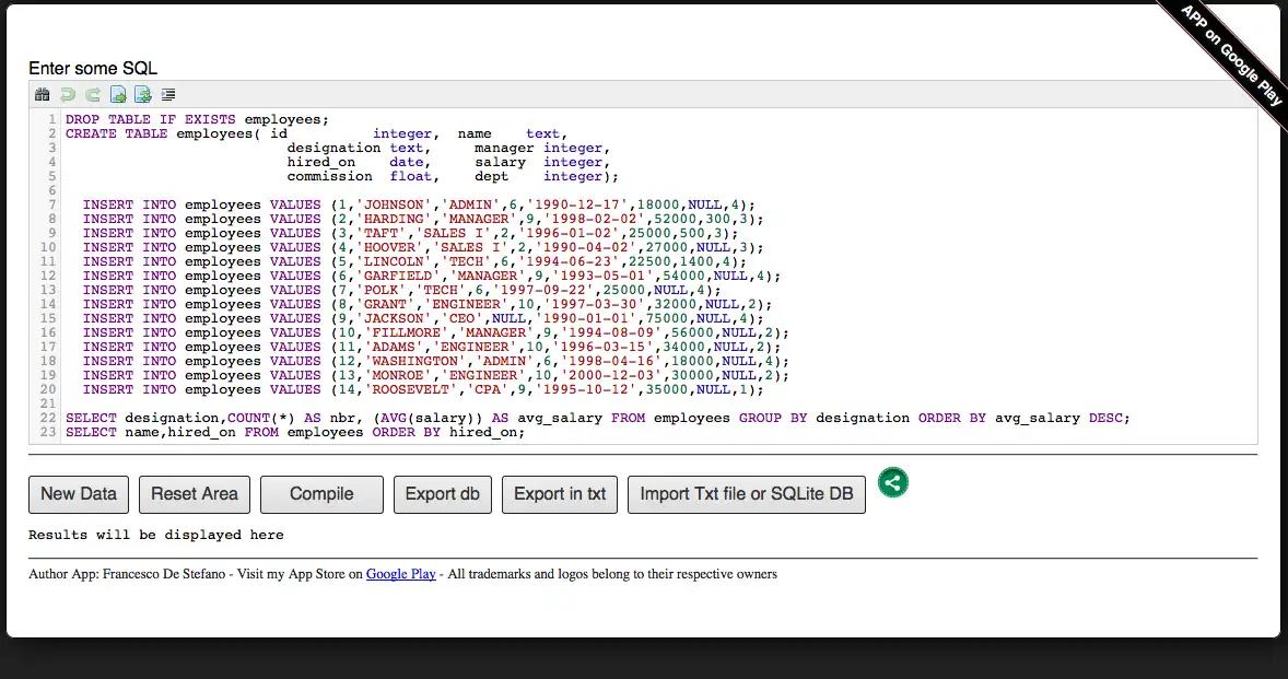 Download web tool or web app SQLite Editor  Compiler