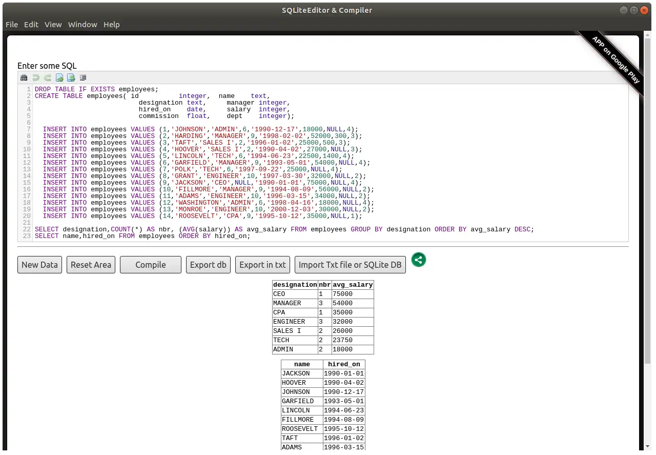 Download web tool or web app SQLite Editor  Compiler