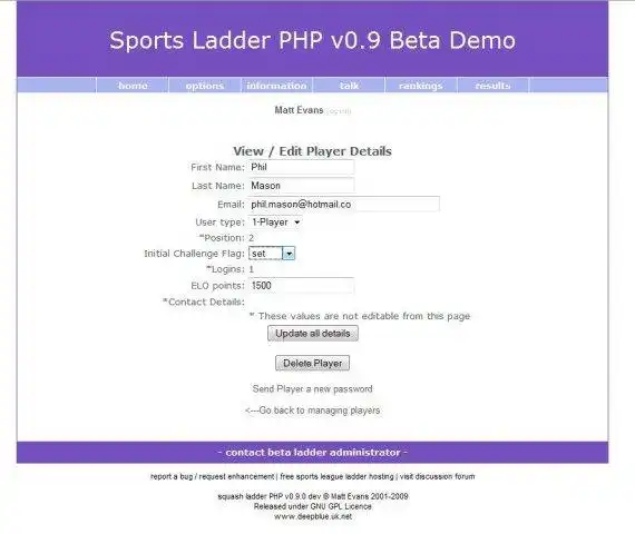 Unduh alat web atau aplikasi web squash ladder PHP untuk dijalankan di Windows online melalui Linux online