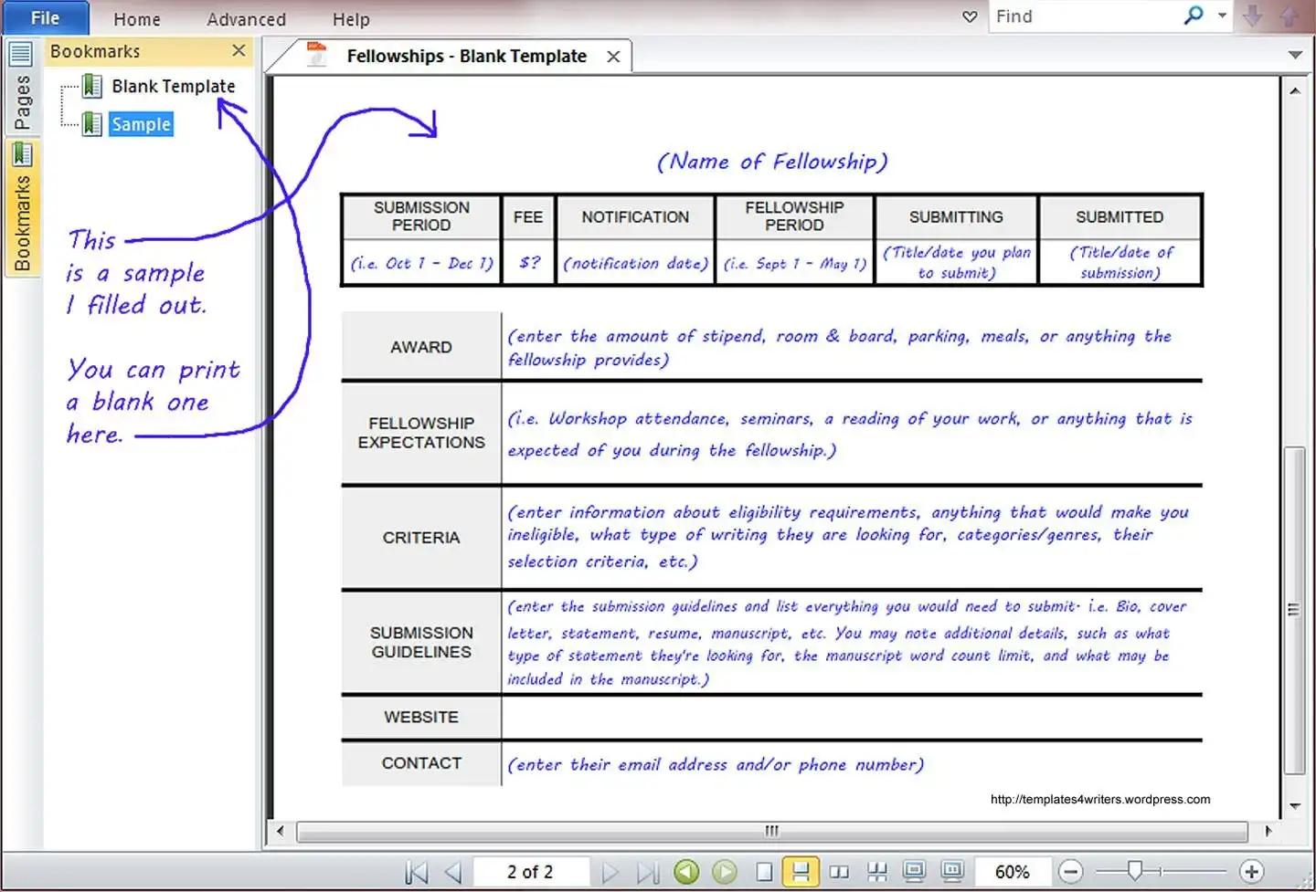 Download web tool or web app Template for Writing Fellowships