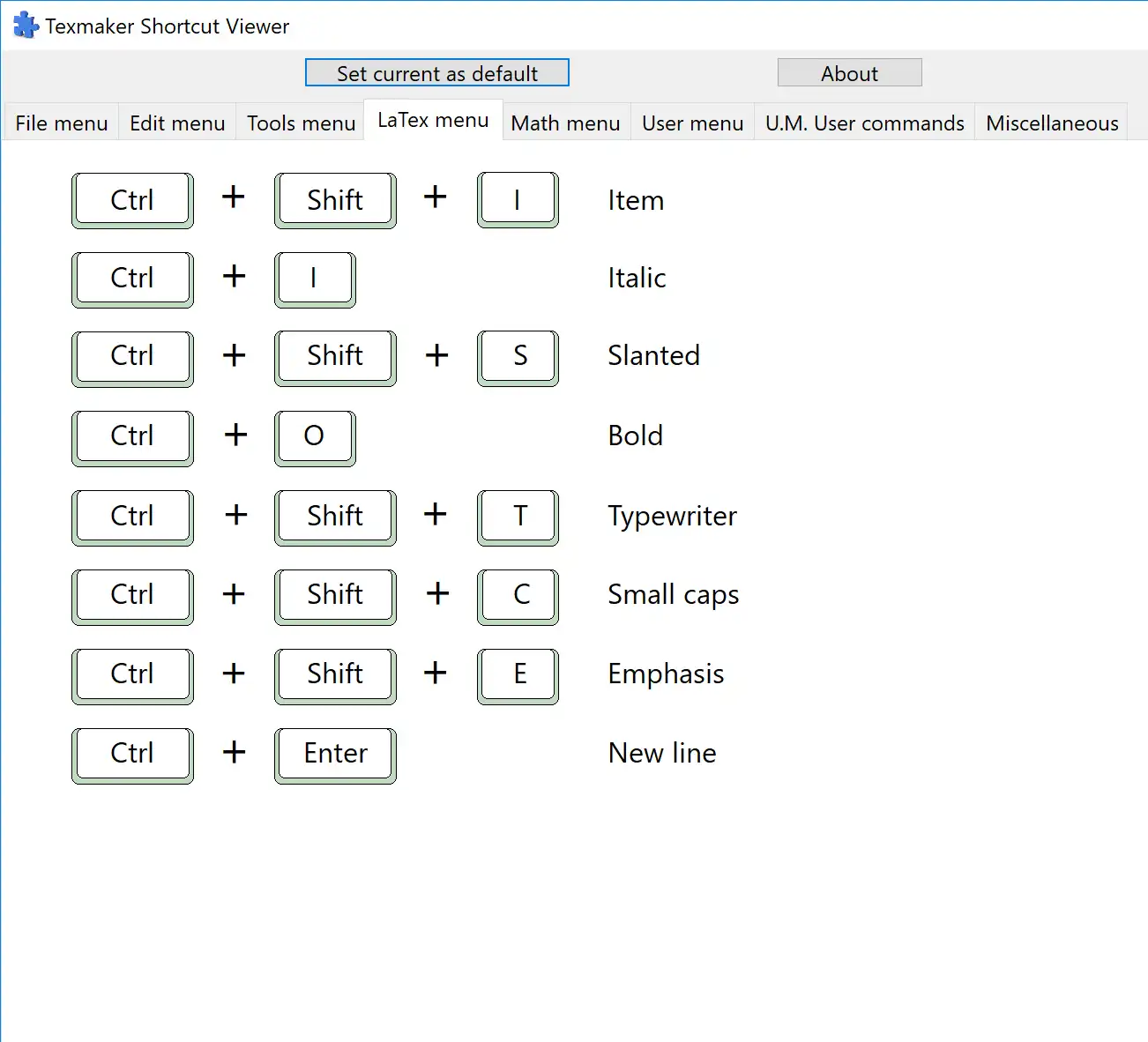 Baixe a ferramenta da web ou o aplicativo da web Texmaker Shortcut Viewer